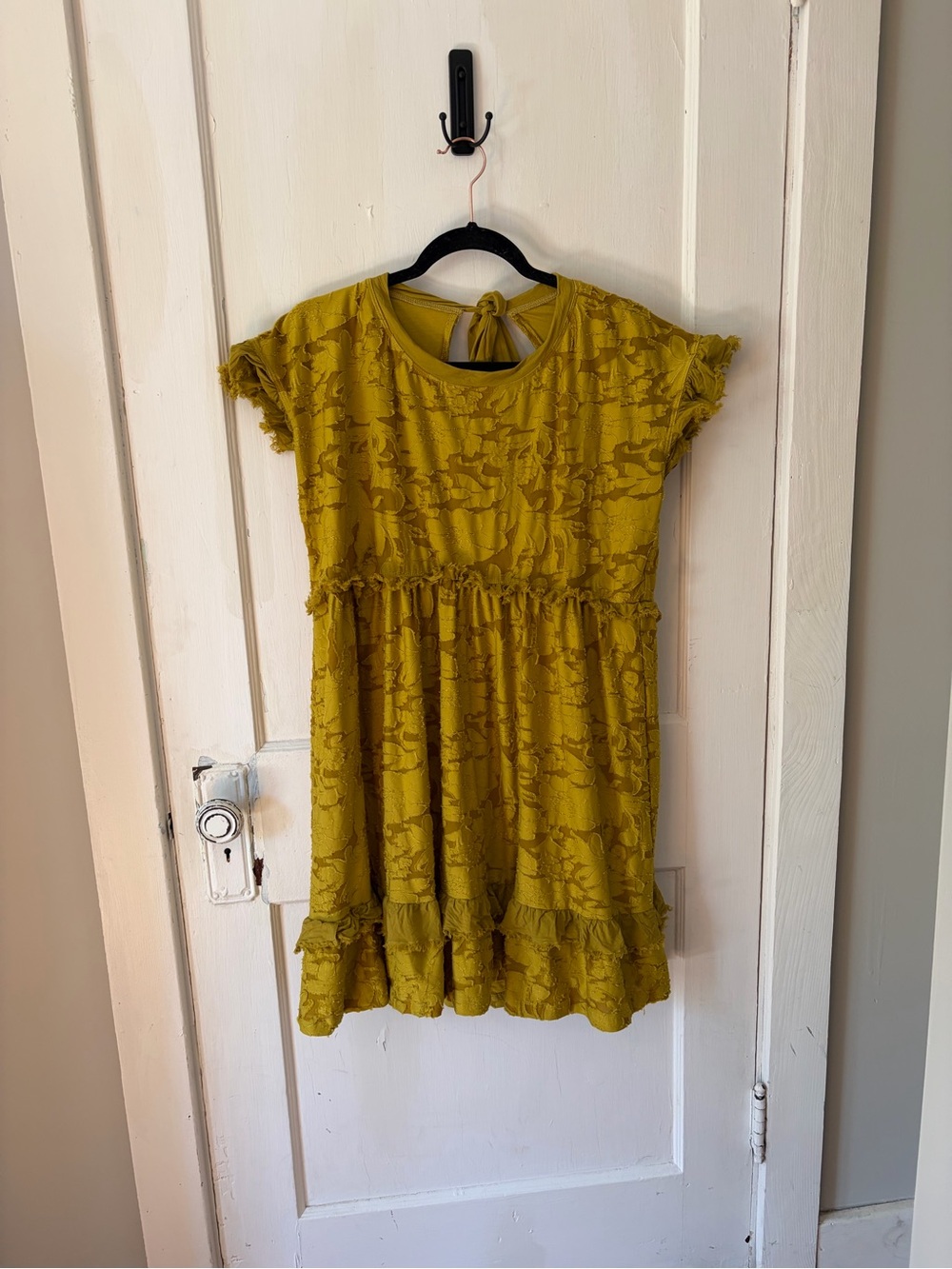Anthropologie Olive-Mustard Ruffle-Hem Tie-Back Dress